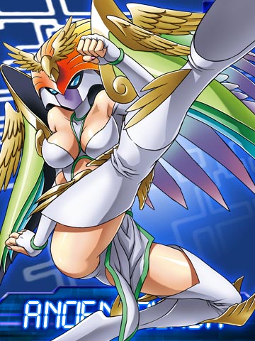 1girl, ancientirismon, armor, ass, blue_eyes, boots, bracelet, breasts, digimon, digimon_(creature), digimon_collectors, digimon_frontier, elbow_gloves, female_focus, gloves, helmet, jewelry, kicking, large_breasts, loincloth, lowres, mask, monster_girl, multicolored_hair, official_art, panties, pantyshot, pauldrons, rainbow_hair, shoes, shoulder_armor, solo, thigh_boots, thighhighs, underwear, winged_footwear, winged_helmet, wings