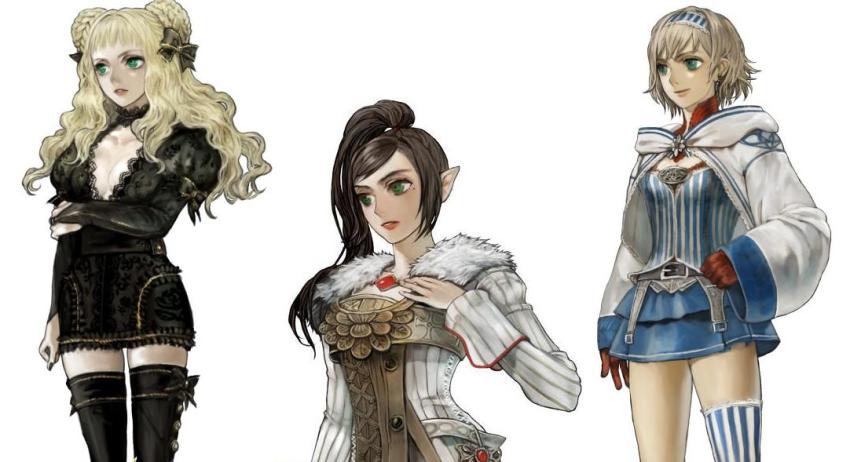 3girls, ashley_(poison_pink), black_nails, blonde_hair, brown_hair, double_bun, dress, elf