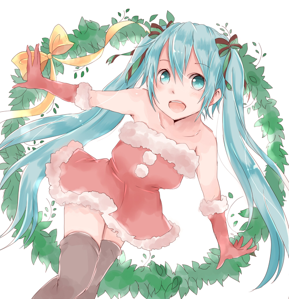 1girl, aqua_eyes, aqua_hair, dress, elbow_gloves, female_focus, gloves, hair_ribbon, hatsune_miku, long_hair, open_mouth, ribbon, santa_costume, solo, thighhighs, twintails, very_long_hair, vocaloid, xxxx_saki, zettai_ryouiki