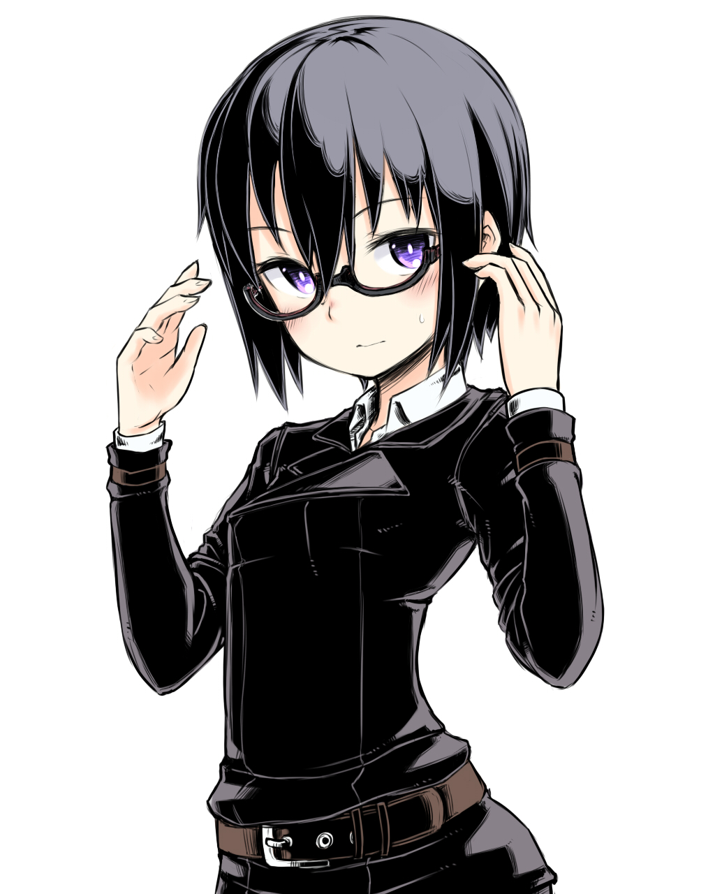 00s, 1girl, belt, black_hair, blush, collared_shirt, female_focus, glasses