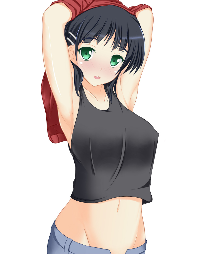 10s, 1girl, armpits, bad_id, bad_pixiv_id, black_hair, blush, female_focus, green_eyes, hair_ornament, hairclip, highres, jacket, kirigaya_suguha, nagamon_(nagamonian), navel, solo, sword_art_online, tank_top, track_jacket, undressing