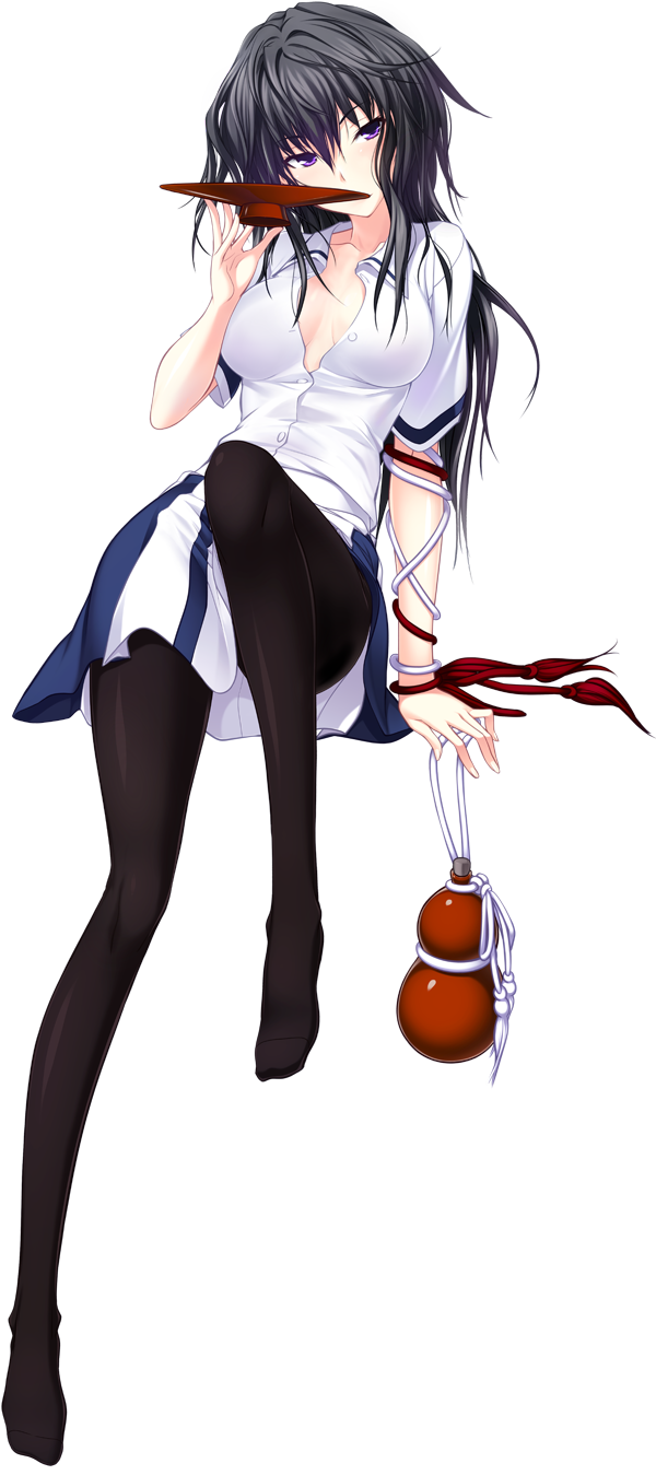 1girl, alcohol, black_hair, black_pantyhose, breasts, center_opening, cleavage, curly_hair, drinking, female_focus, highres, kawagishi_keitarou, legs, looking_at_viewer, maji_de_watashi_ni_koi_shinasai!, messy_hair, musashibou_benkei, pantyhose, purple_eyes, sake, simple_background, solo