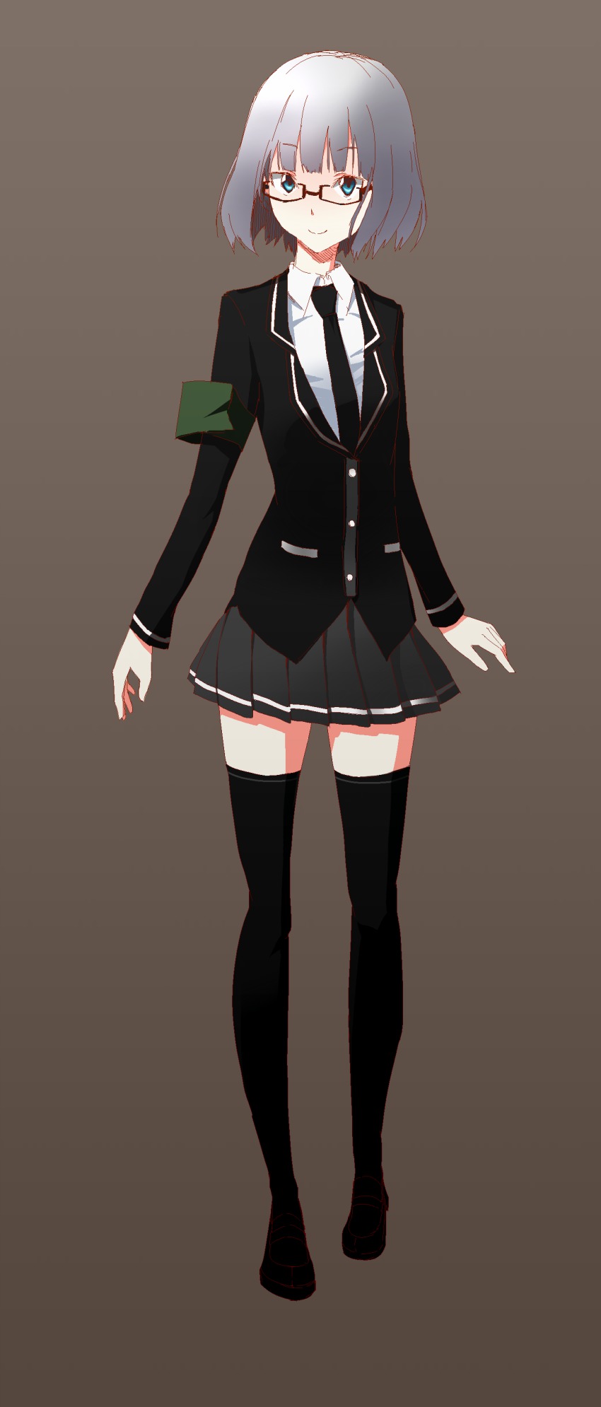 1girl, absurdres, armband, black_thighhighs, blazer, blue_eyes, female_focus, glasses, highres, jacket, kotonohanoko, looking_at_viewer, necktie, original, school_uniform, short_hair, silver_hair, simple_background, skirt, smile, solo, thighhighs