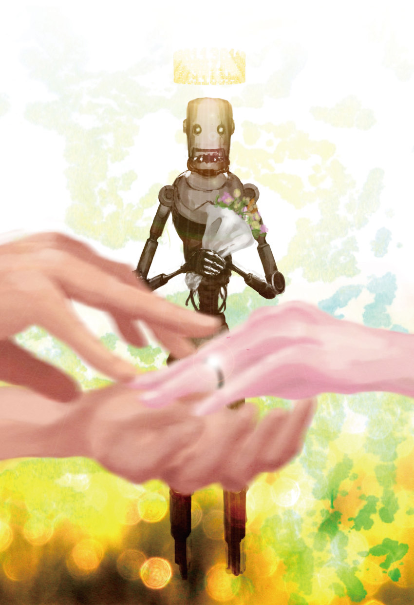 1boy, 1girl, absurdres, bouquet, crack, damaged, eve_no_jikan, flower