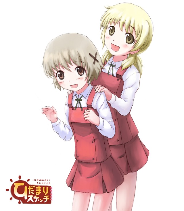 00s, 2girls, :d, bad_id, bad_pixiv_id, blonde_hair, blush, brown_hair