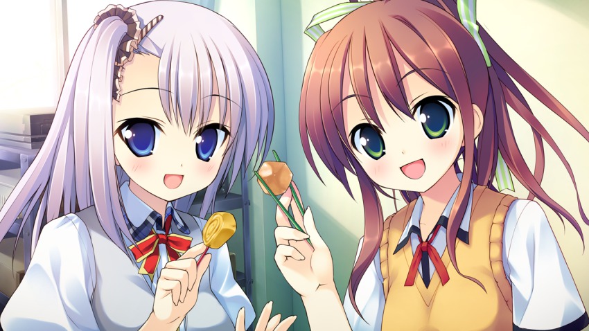 2girls, aete_mushisuru_kimi_to_no_mirai, blue_eyes, brown_hair, chopsticks, feeding, food, game_cg
