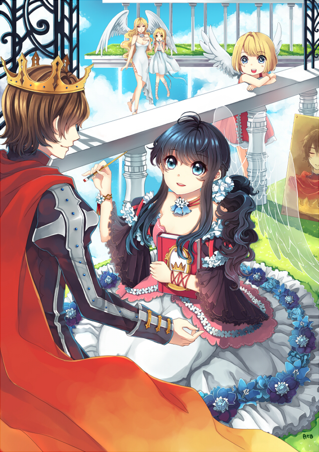 1boy, 4girls, angel, arakunae, blonde_hair, cape, child, cloud