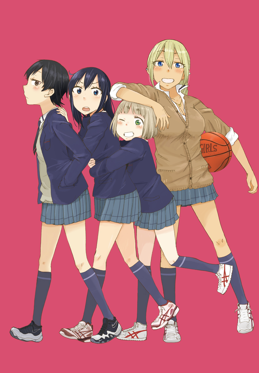 4girls, arm_hug, b.b.girls, ball, basketball, basketball_(object), black_hair, blazer, blonde_hair, blue_eyes, blue_legwear, blush, brown_eyes, brown_hair, cardigan, character_request, earrings, grin, hands_in_pockets, highres, hug, hug_from_behind, jacket, jewelry, kishi_eri, kneehighs, kumichou_(kumichoubox), long_hair, mishima_isami, multiple_girls, one_eye_closed, open_mouth, pink_background, ponytail, school_uniform, shoes, short_hair, simple_background, skirt, sleeves_rolled_up, smile, sneakers, socks, sweater, wink, yellow_eyes