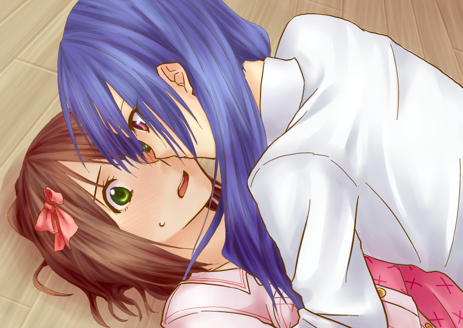 2girls, amami_haruka, bad_id, bad_pixiv_id, blue_hair, blush, brown_hair, green_eyes