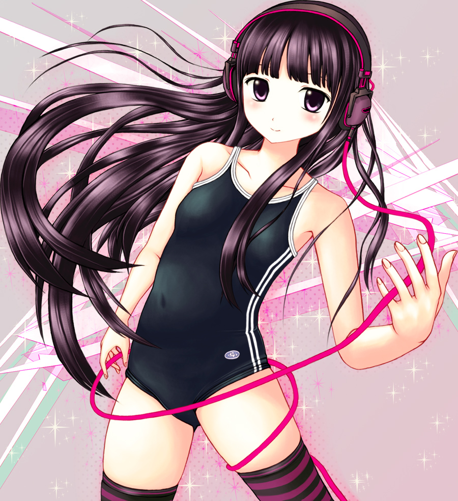 1girl, bare_arms, black_eyes, black_hair, cable, competition_school_swimsuit, cowboy_shot, female_focus