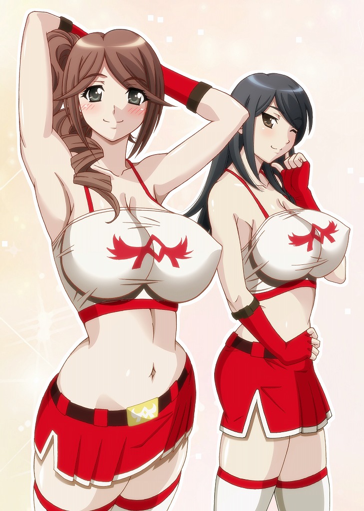 2girls, arm_behind_head, armpits, black_hair, breasts, brown_eyes, brown_hair, female_focus