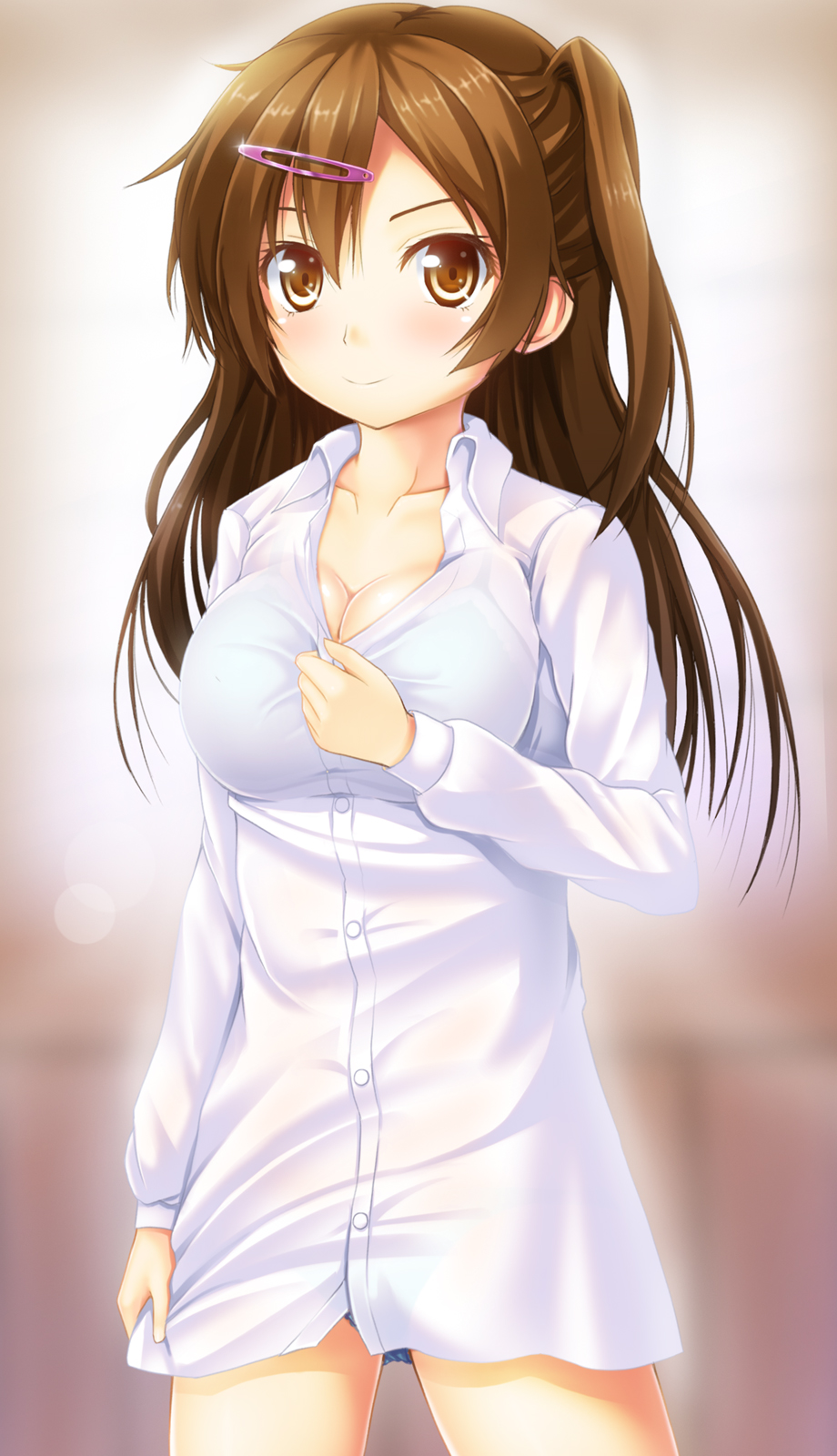10s, 1girl, bad_id, bad_pixiv_id, blue_panties, blush, breasts, brown_hair