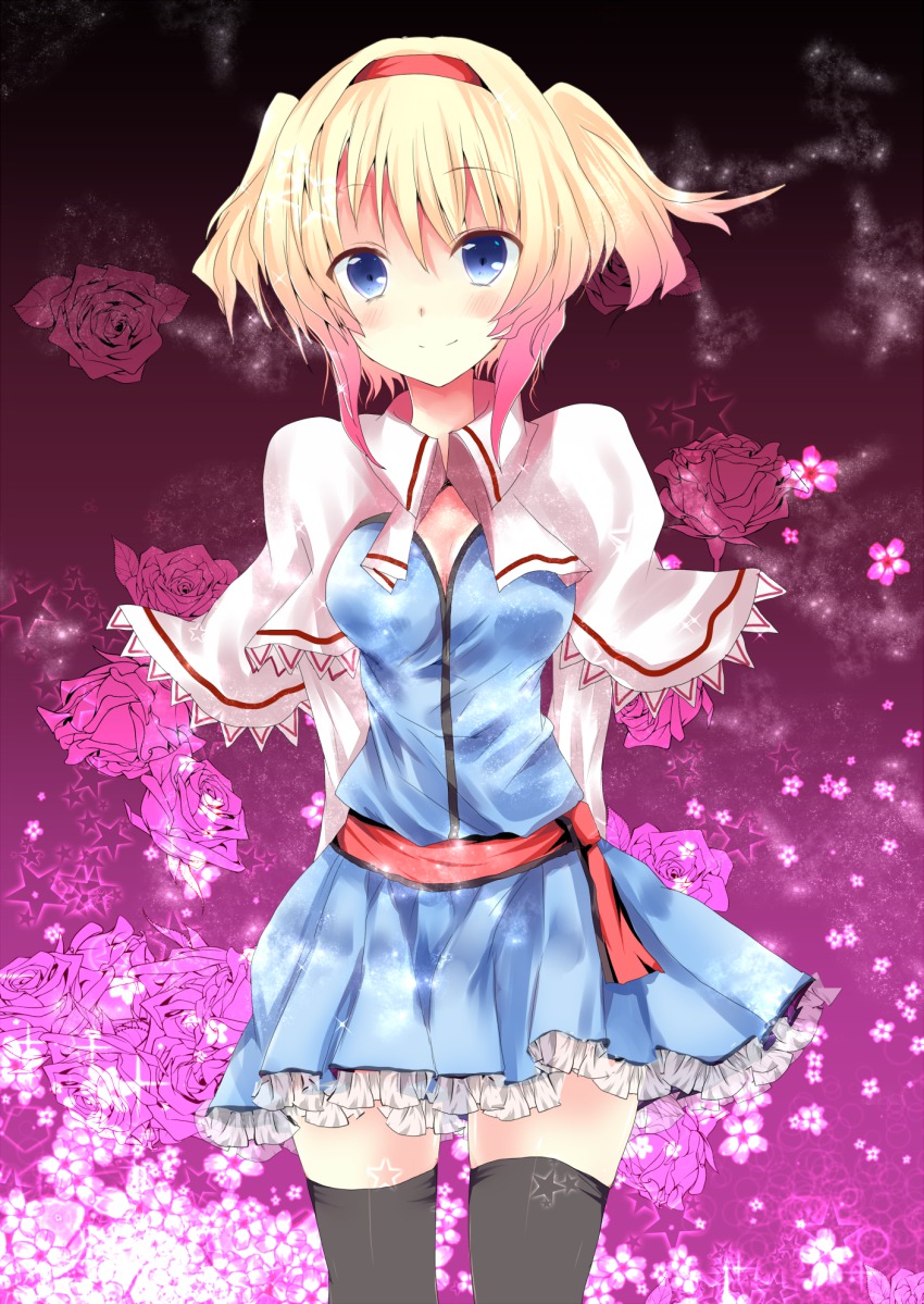 1girl, alice_margatroid, alternate_hairstyle, black_thighhighs, blonde_hair, blue_eyes, blush, capelet