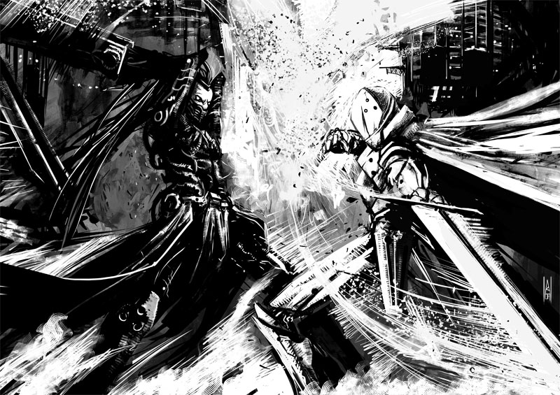 2boys, armor, battle, blame!, botonet, cape, cyborg, fighting, greyscale, ivy_(blame!), ivy_(blame), mask, monochrome, motion_lines, multiple_boys, seu, sparks, sword, weapon