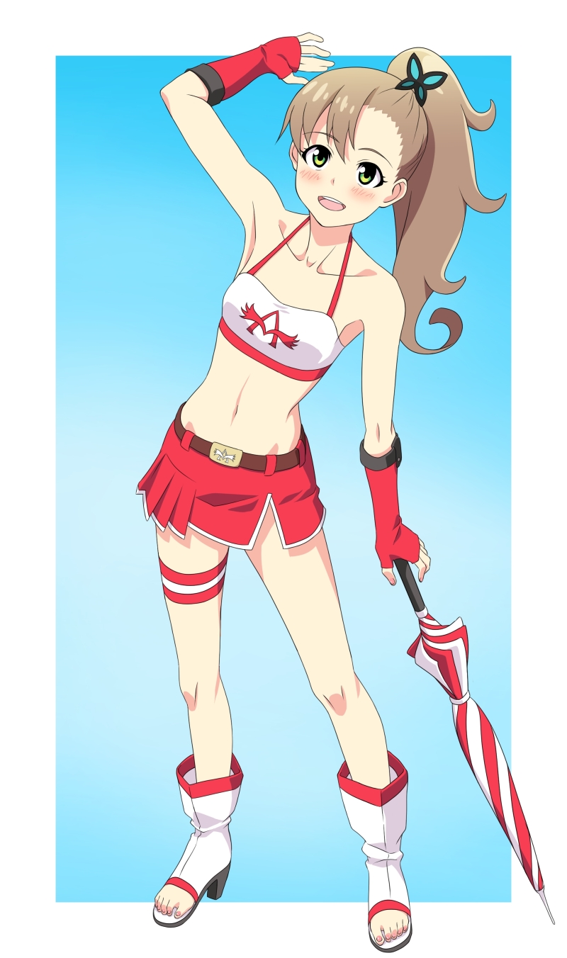 1girl, bare_shoulders, brown_hair, butterfly_hair_ornament, choker, chousoku_henkei_gyrozetter, closed_umbrella, feet