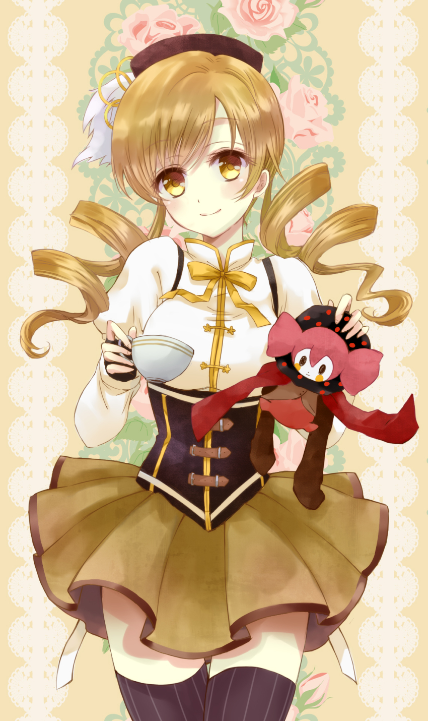 10s, 1girl, blonde_hair, charlotte_(madoka_magica), cup, dress, drill_hair, female_focus, fingerless_gloves, gloves, hair_ornament, highres, holding, looking_at_viewer, magical_girl, mahou_shoujo_madoka_magica, mahou_shoujo_madoka_magica_(anime), mio_(denki_lamune), smile, solo, striped_clothes, striped_thighhighs, teacup, thighhighs, tomoe_mami, tomoe_mami_(magical_girl), twin_drills, vertical-striped_clothes, vertical-striped_thighhighs, yellow_eyes