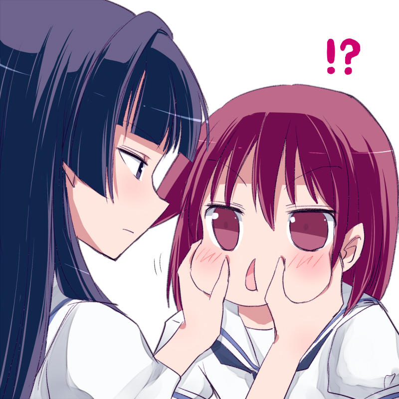 !?, 10s, 2girls, blue_eyes, blue_hair, blunt_bangs, blush, cheek_pull