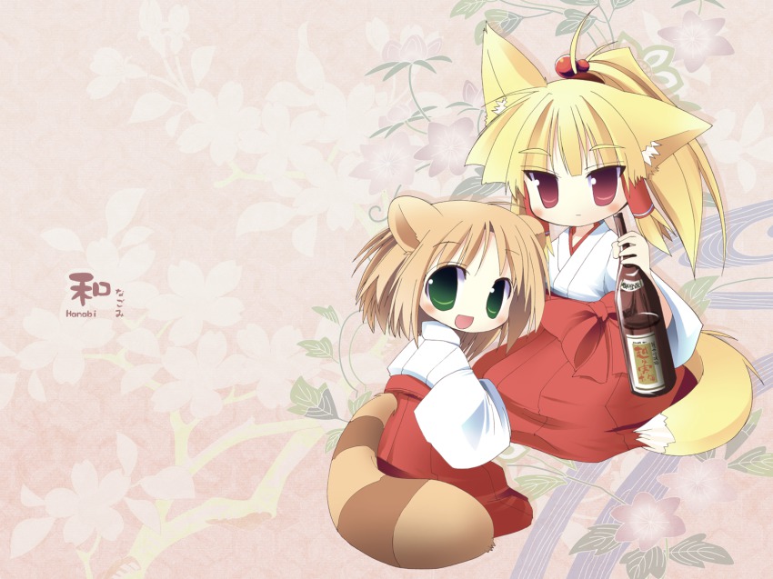 2girls, :d, :|, ahoge, alcohol, animal_ears, blonde_hair, blunt_bangs