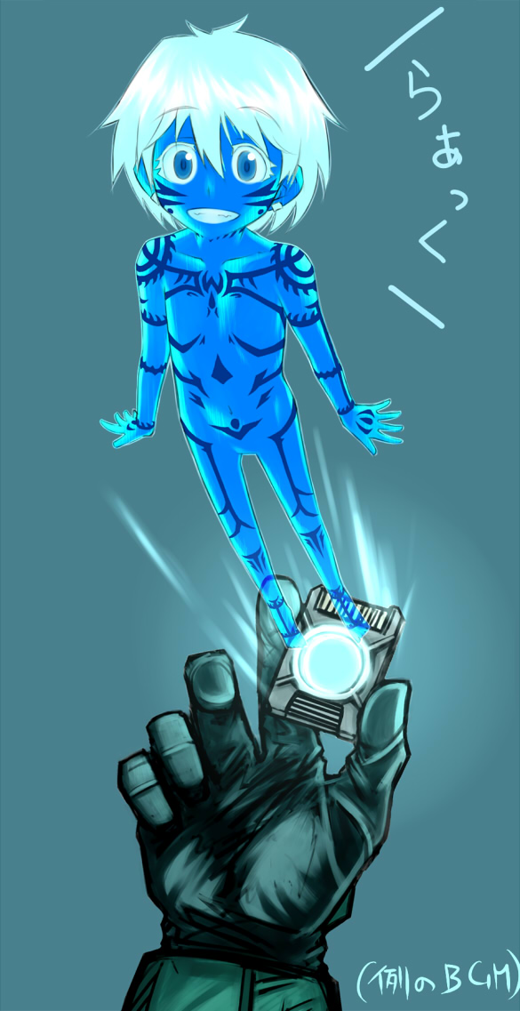 1girl, blue_skin, colored_skin, cortana, cortana_(cosplay), cosplay, facial_tattoo, flat_chest, full-body_tattoo, halo_(game), halo_(series), hologram, irezumi-san_(ozka), no_nipples, no_pussy, nude, original, ozka, short_hair, silver_hair, tattoo, translation_request