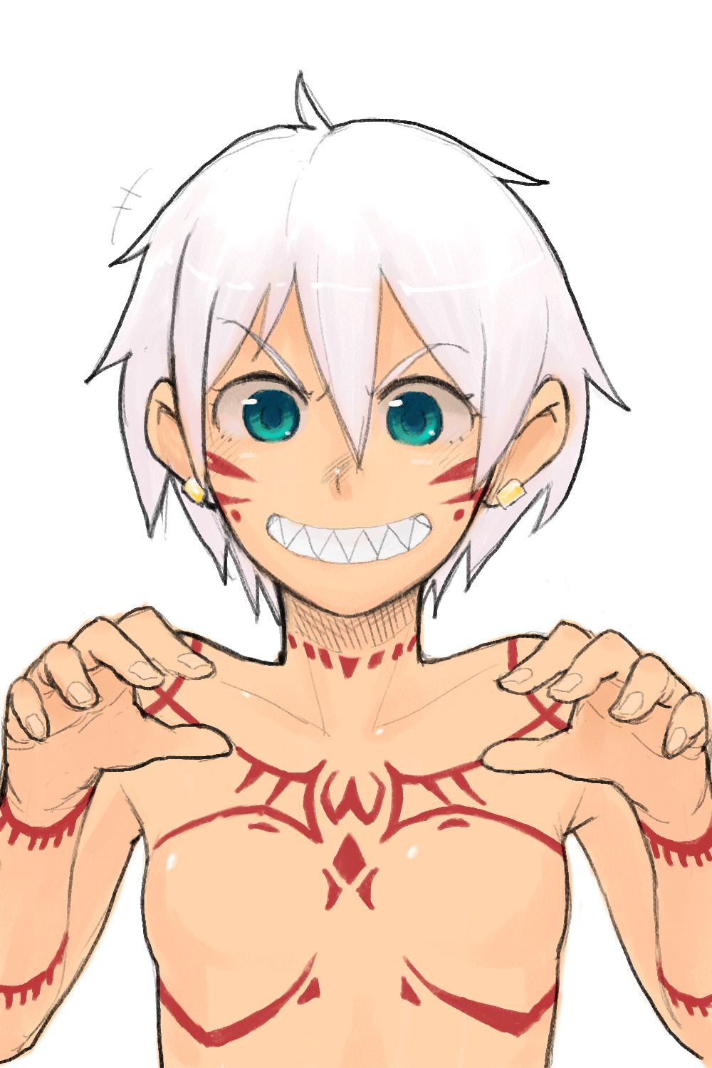 1girl, bad_id, bad_pixiv_id, borrowed_character, dark-skinned_female, dark_skin, earrings, facial_tattoo, female_focus, flat_chest, full-body_tattoo, green_eyes, grin, highres, irezumi-san_(ozka), jewelry, no_nipples, nude, oomori_harusame, original, sharp_teeth, short_hair, smile, solo, tattoo, teeth, white_hair