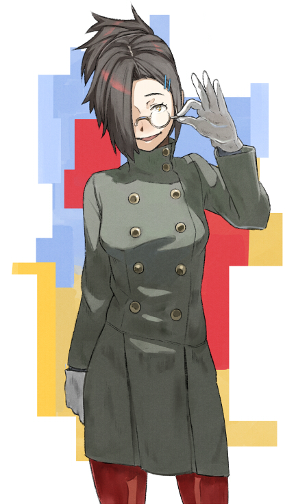 1girl, adjusting_monocle, bad_id, bad_pixiv_id, black_hair, blush, brown_eyes, coat