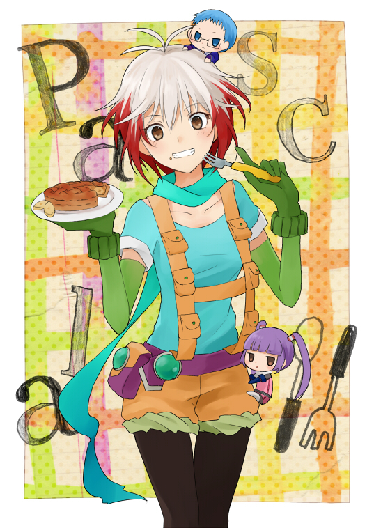 1boy, 2girls, antenna_hair, banana_pie, barufoa, blue_eyes, blue_hair, blue_shirt, bob_cut, brown_eyes, character_name, chibi, eating, food, food_on_face, fork, glasses, gloves, grin, head_tilt, hubert_ozwell, long_hair, multicolored_hair, multiple_girls, name, pantyhose, pascal_(tales), pie, plaid_background, plate, pouch, purple_hair, red_hair, scarf, shirt, short_hair, smile, sophie_(tales), spoon, suspenders, tales_of_(series), tales_of_graces, thigh_gap, twintails, two-tone_hair, white_background