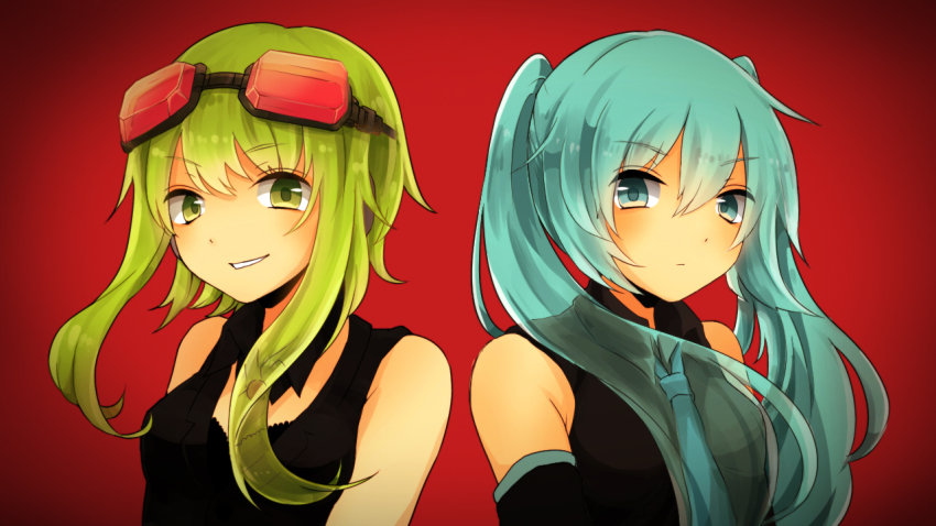 alternate_costume, asaym7, green_hair, gumi, hatsune_miku, long_hair, short_hair, twintails