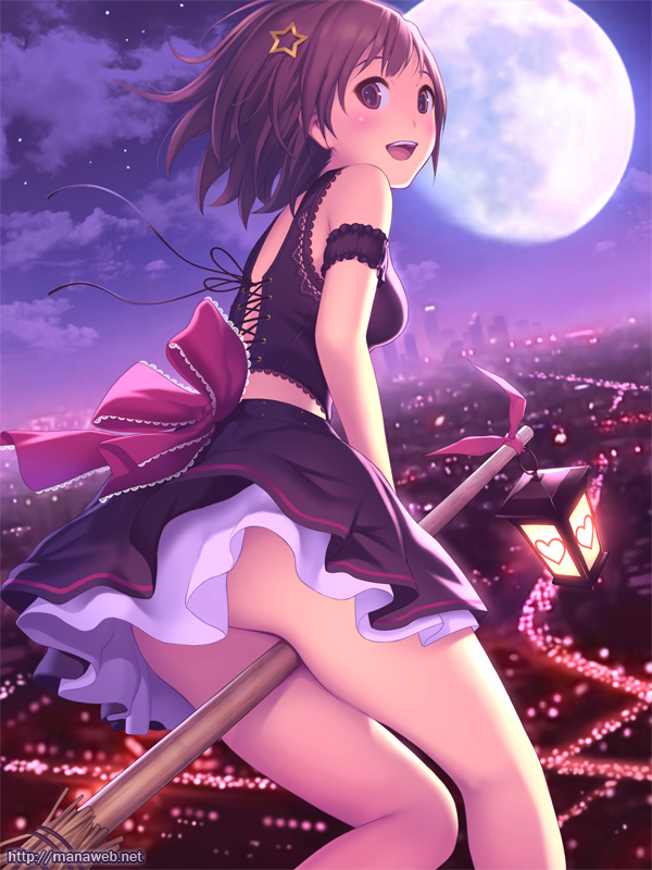 1girl, :d, armband, bare_shoulders, blush, bow, breasts, broom, broom_riding, brown_eyes, brown_hair, female_focus, full_moon, hair_ornament, heart, ilog, lace, lace-trimmed_ribbon, lace-up_top, lace_trim, lantern, looking_at_viewer, mana_kakkowarai, moon, no_panties, open_mouth, original, purple_eyes, ribbon, short_hair, sitting, smile, solo, star_(symbol), star_hair_ornament, watermark, web_address, witch