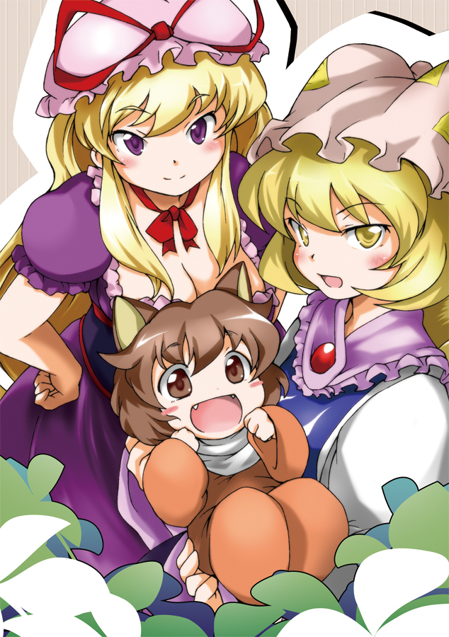 3girls, aged_down, animal_ears, bad_id, bad_pixiv_id, blonde_hair, breasts, brown_eyes