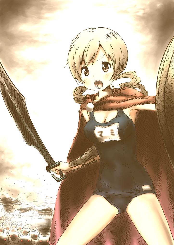 1girl, 300_(movie), army, blonde_hair, cape, drill_hair, kyubey, mahou_shoujo_madoka_magica, mahou_shoujo_madoka_magica_(anime), name_tag, old_school_swimsuit, one-piece_swimsuit, open_mouth, parody, phalanx, school_swimsuit, shield, shouting, swimsuit, sword, tomoe_mami, twin_drills, twintails, weapon, yellow_eyes, yoshinogai