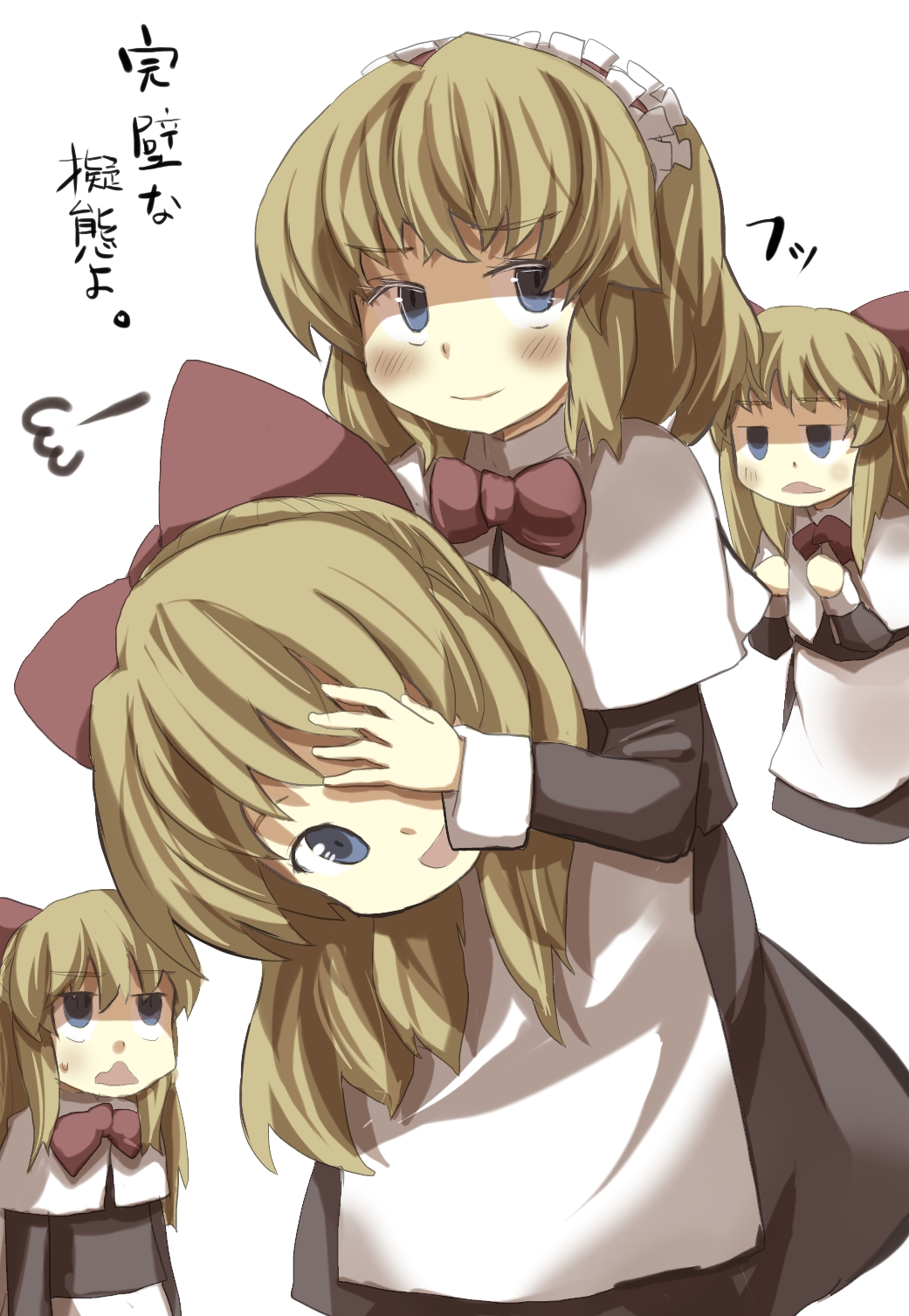 1girl, alice_margatroid, blonde_hair, blue_eyes, blush, bow, capelet, cosplay