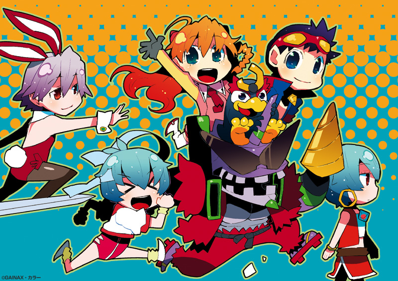 >_<, 2boys, 3girls, ayanami_rei, bird, closed_eyes, cosplay, crossover, daicon, daicon_bunny_girl, daicon_iv, eva_01, flcl, fushigi_no_umi_no_nadia, gainax, gainaxtop, gunbuster, gurren-lagann, gurren-lagann_(cosplay), hamamoto_ryuusuke, happy, haruhara_haruko, haruhara_haruko_(cosplay), ikari_shinji, leotard, long_hair, looking_at_viewer, mecha, multiple_boys, multiple_crossover, multiple_girls, nadia_la_arwall_(cosplay), nagisa_kaworu, neon_genesis_evangelion, nono_(cosplay), nono_(top_wo_nerae_2!), open_mouth, pantyhose, parody, penguin, penpen, petit_eva:_evangelion@school, robot, short_hair, simon_(cosplay), simon_(ttgl), simple_background, smile, souryuu_asuka_langley, surfing, tengen_toppa_gurren_lagann, top_wo_nerae!, top_wo_nerae!_(series), top_wo_nerae_2!, twintails, walking