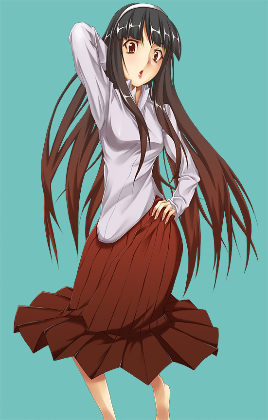 00s, 1girl, bad_id, bad_pixiv_id, barefoot, black_hair, female_focus, gradient_hair