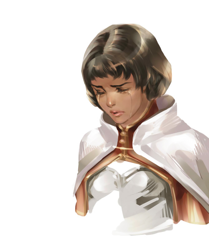 1girl, armor, bad_id, bad_pixiv_id, breastplate, capcom, cape, crying, dark-skinned_female, dark_skin, dragon's_dogma, dragon's_dogma_(series), eriya-j, female_focus, lips, mercedes_marten, short_hair, simple_background, sketch, solo, tears, upper_body, white_background