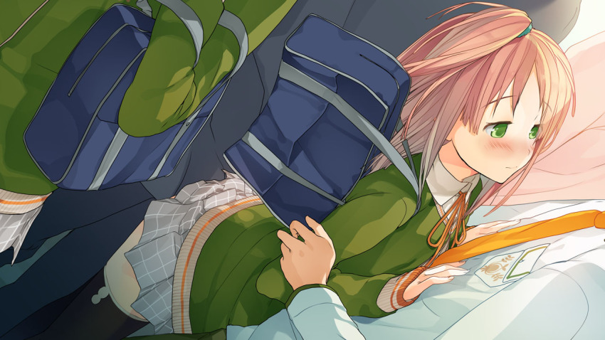 2boys, 2girls, akinashi_yuu, bag, blush, dutch_angle, game_cg, green_eyes