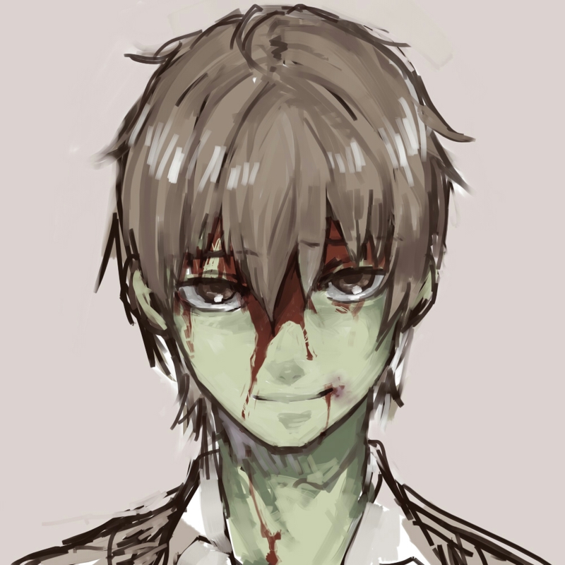 1boy, bad_id, bad_pixiv_id, blood, brown_eyes, colored_skin, green_skin, grey_background