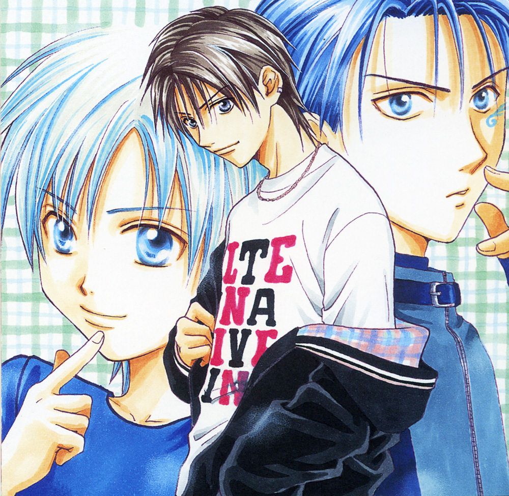 blue_eyes, blue_hair, brown_hair, jacket, pants, watase_yuu, zettai_kareshi