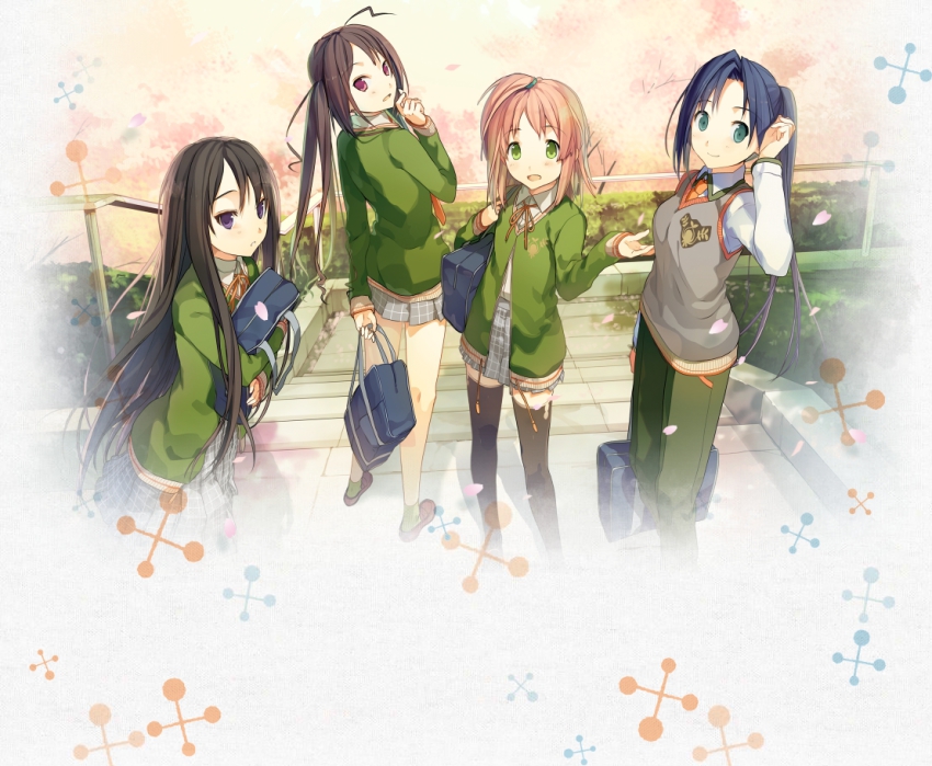 4girls, ahoge, akinashi_yuu, aqua_eyes, bag, black_hair, black_legwear, blue_hair