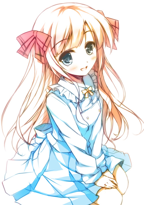 1girl, :d, blonde_hair, blue_eyes, blush, dress, female_focus, hair_ribbon