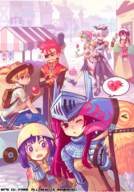 3boys, 4girls, acolyte_(ragnarok_online), apple, armor, assassin_(ragnarok_online), backpack, bag