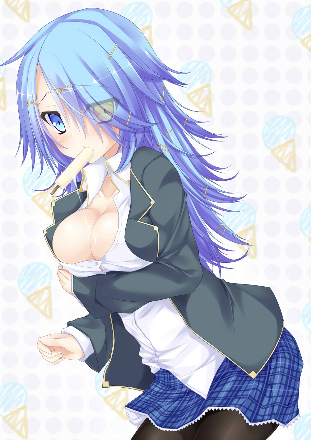 1girl, black_pantyhose, blue_eyes, blue_hair, blush, breast_hold, breasts, cleavage, female_focus, fiona_ron'vu~arudi, food, hair_ornament, hair_over_one_eye, hairclip, heterochromia, highres, jacket, large_breasts, long_hair, matching_hair/eyes, medium_breasts, mouth_hold, original, pantyhose, plaid_clothes, plaid_skirt, popsicle, sexually_suggestive, shirt, skirt, solo, suterii, white_shirt, yellow_eyes