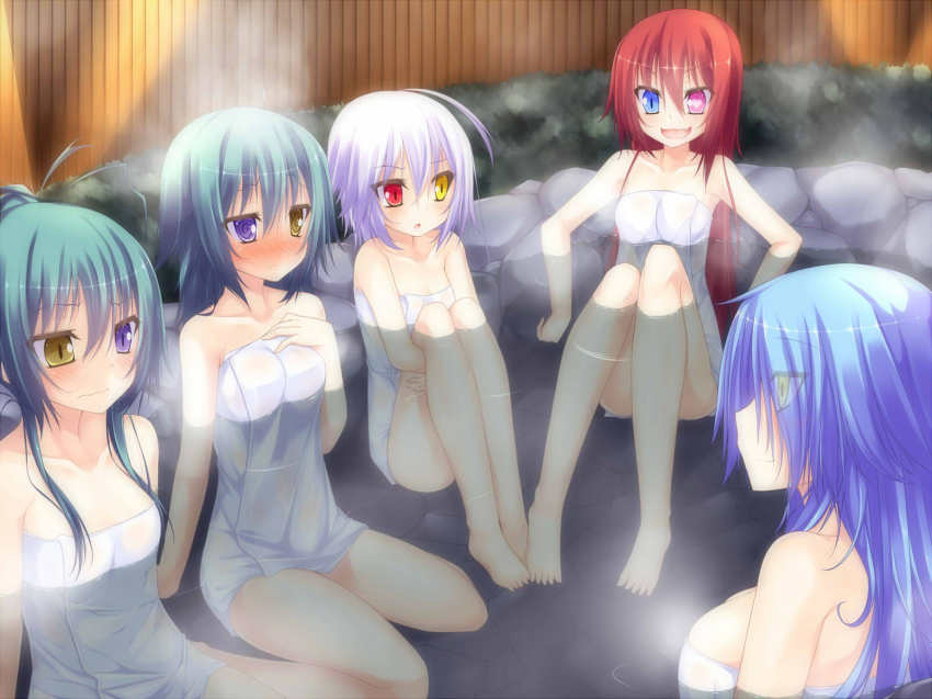 5girls, :<, ahoge, aqua_hair, bare_shoulders, barefoot, blue_eyes, blue_hair