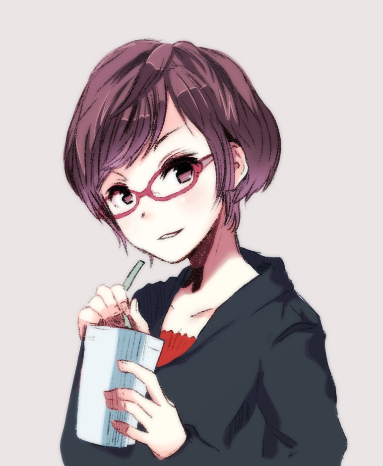 1girl, akku_lude, drink, female_focus, glasses, long_sleeves, looking_at_viewer, original