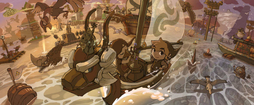 3boys, 3girls, aryll, bad_id, bad_pixiv_id, barrel, beak, bird