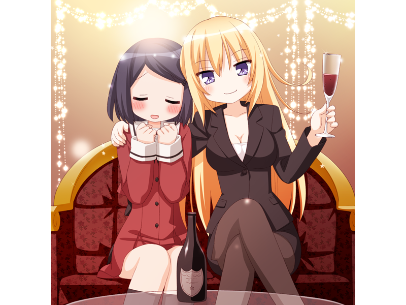 2girls, :d, age_difference, alcohol, black_socks, blonde_hair, blue_eyes, bottle