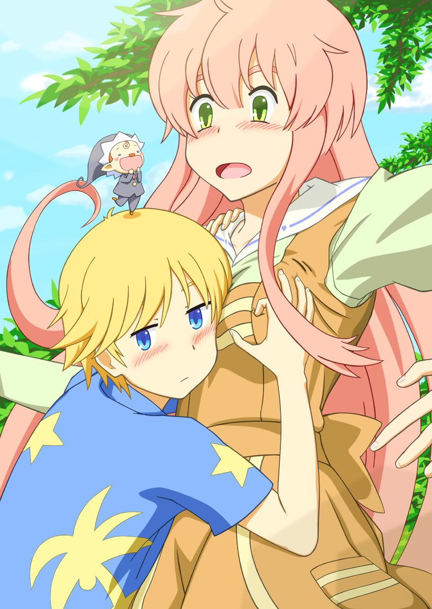 10s, 1girl, 2boys, :d, blonde_hair, blue_eyes, blush, fairy_(jintai), green_eyes, groping, highres, ideaseed, jinrui_wa_suitai_shimashita, joshu-san, multiple_boys, open_mouth, pink_hair, smile, watashi_(jintai)