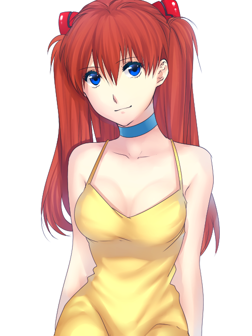 1girl, asukasukisuki, bad_id, bad_pixiv_id, blue_eyes, breasts, choker, cleavage, dress, female_focus, hair_ornament, long_hair, neon_genesis_evangelion, red_hair, smile, solo, souryuu_asuka_langley, sundress, takaraizu, yellow_dress