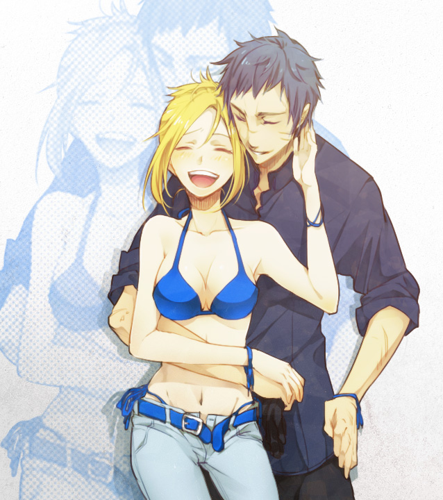 1boy, 1girl, :d, belt, bikini, bikini_under_clothes, blonde_hair, blue_bikini, breasts, cleavage, collarbone, couple, denim, etsusa_bridge, etsusa_oohashi, closed_eyes, gime, holding_hands, hetero, hug, hug_from_behind, jeans, kelly_yatsufusa, kuzuhara_souji, navel, open_fly, open_mouth, pants, side-tie_bikini_bottom, smile, swimsuit, swimsuit_under_clothes, unbuckled, open_belt, unbuttoned, unzipped, zoom_layer