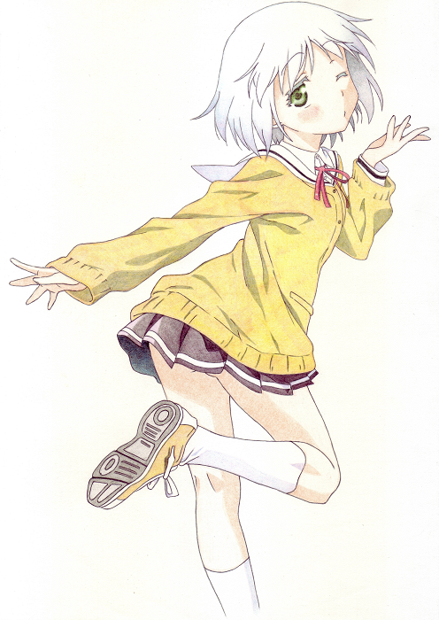 10s, 1girl, blazer, cardigan, derivative_work, female_focus, green_eyes, jacket, jinjin-roririn, long_sleeves, md5_mismatch, one_eye_closed, onii-chan_dakedo_ai_sae_areba_kankeinai_yo_ne, resolution_mismatch, ribbon, sawatari_ginbee_haruomi, school_uniform, shoes, short_hair, silver_hair, simple_background, skirt, socks, solo, source_larger, white_background, wink