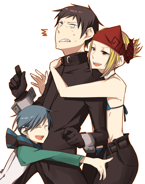 1boy, 2girls, bikini, black_hair, blonde_hair, blue_hair, etsusa_bridge, etsusa_oohashi